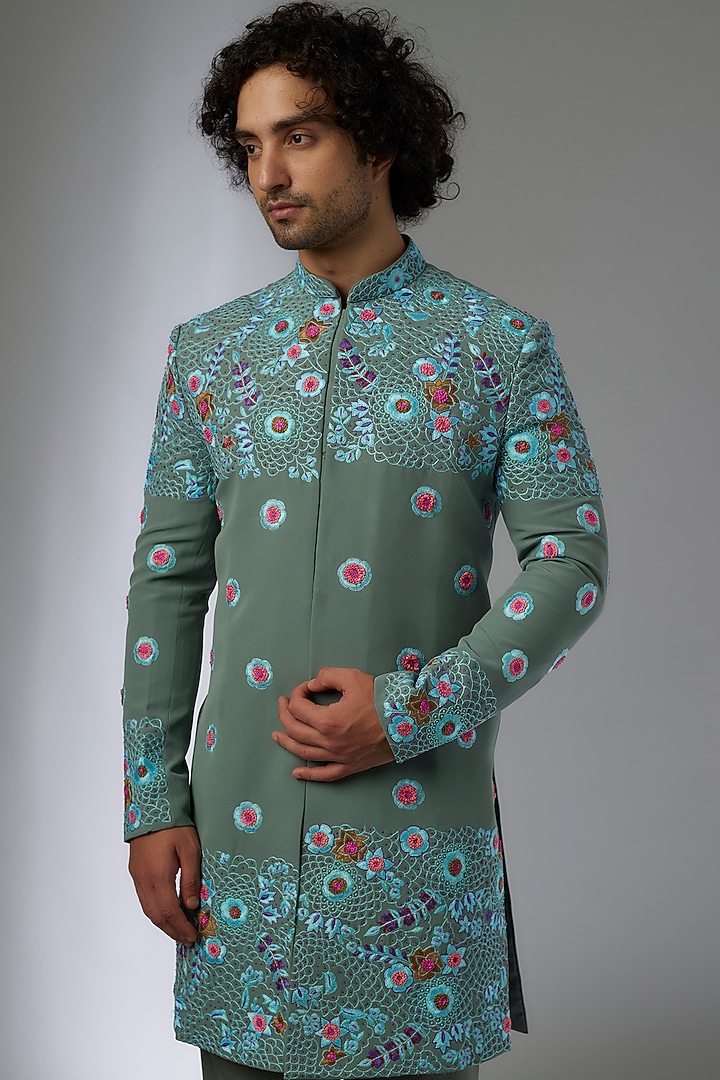 Olive Green Japanese Rayon Hand Embroidered Wedding Sherwani Set by Abees at Pernia's Pop Up Shop