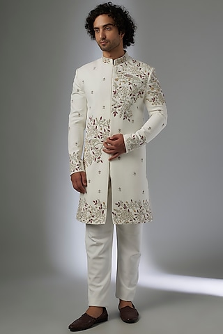 White Japanese Rayon Hand Embroidered Sherwani Set by Abees