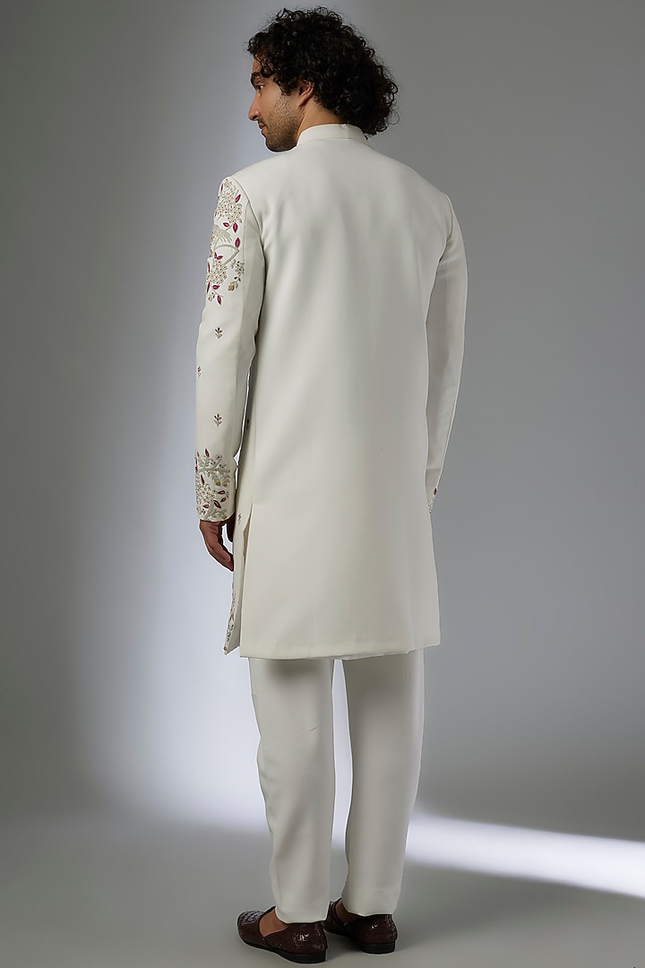 White Japanese Rayon Hand Embroidered Wedding Sherwani Set by Abees at Pernia's Pop Up Shop