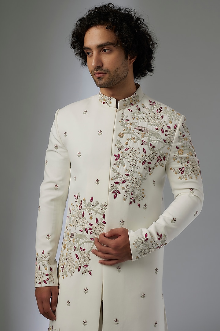 White Japanese Rayon Hand Embroidered Wedding Sherwani Set by Abees at Pernia's Pop Up Shop