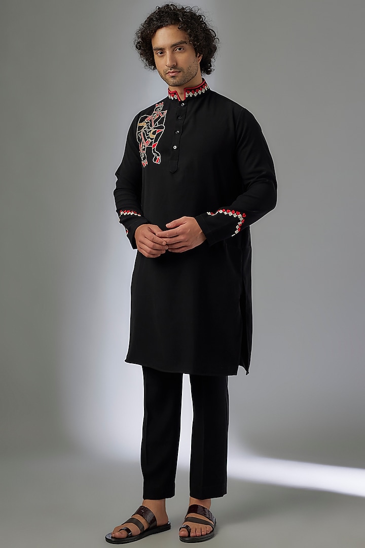 Black Japanese Rayon Hand Embroidered Kurta Set by Abees