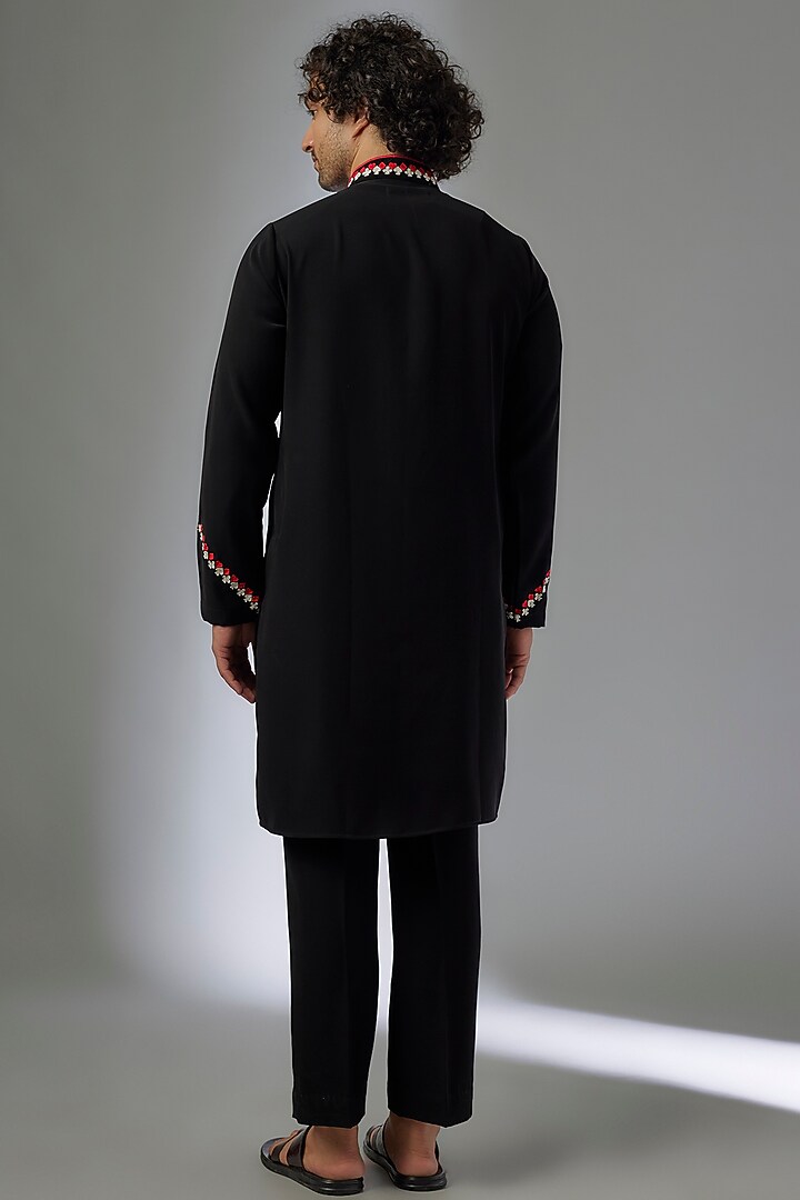 Black Japanese Rayon Hand Embroidered Kurta Set by Abees at Pernia's Pop Up Shop
