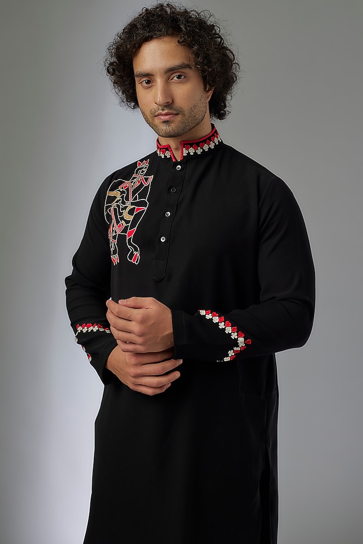 Black Japanese Rayon Hand Embroidered Kurta Set by Abees at Pernia's Pop Up Shop