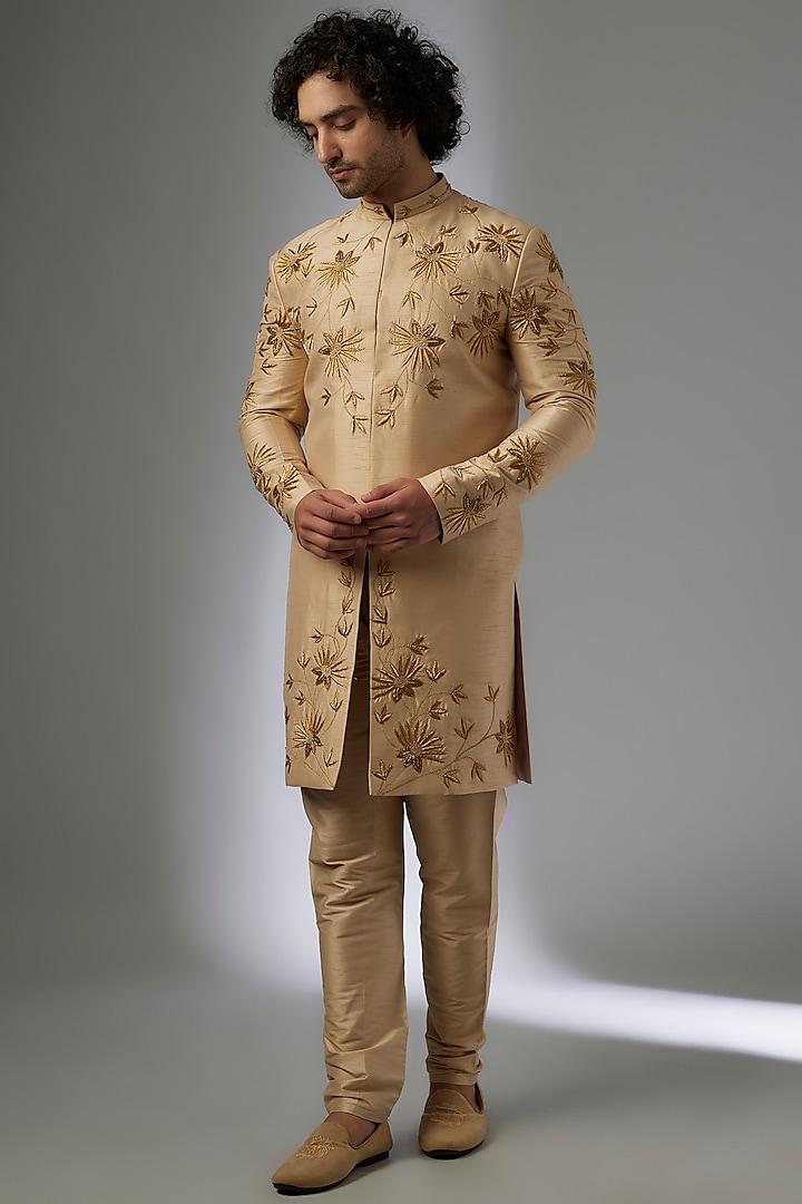 Gold Silk Hand Embroidered Sherwani Set by Abees