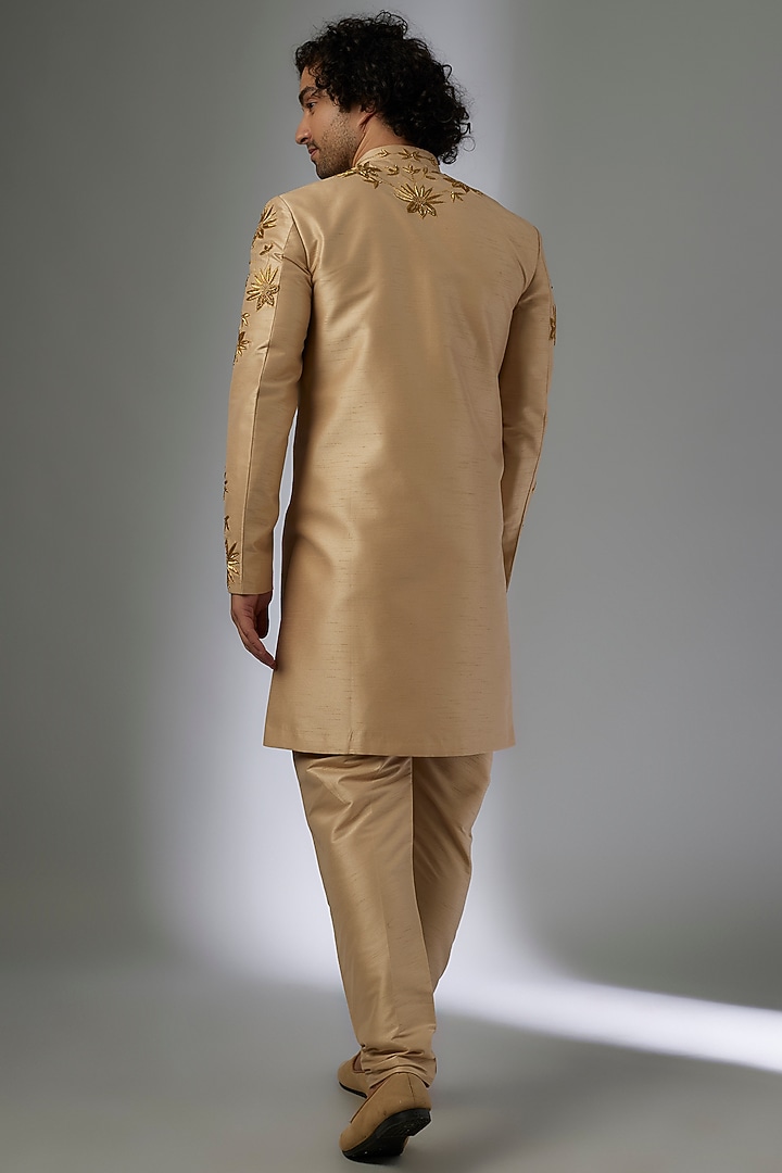 Gold Silk Hand Embroidered Wedding Sherwani Set by Abees at Pernia's Pop Up Shop