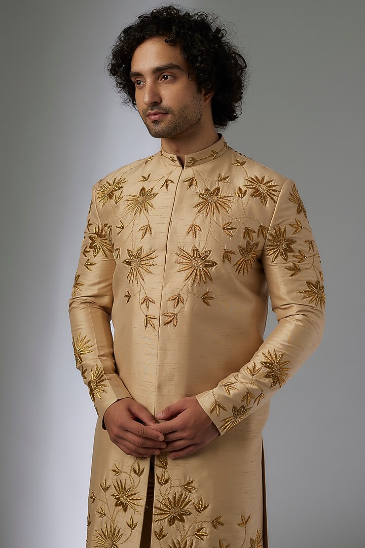 Gold Silk Hand Embroidered Wedding Sherwani Set by Abees at Pernia's Pop Up Shop