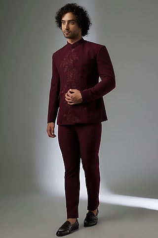 Maroon Japanese Rayon Hand Embroidered Bandhgala Set by Abees