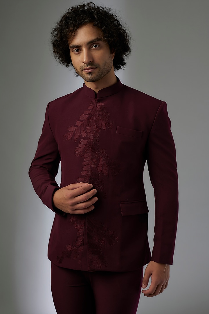 Maroon Japanese Rayon Hand Embroidered Bandhgala Set by Abees at Pernia's Pop Up Shop