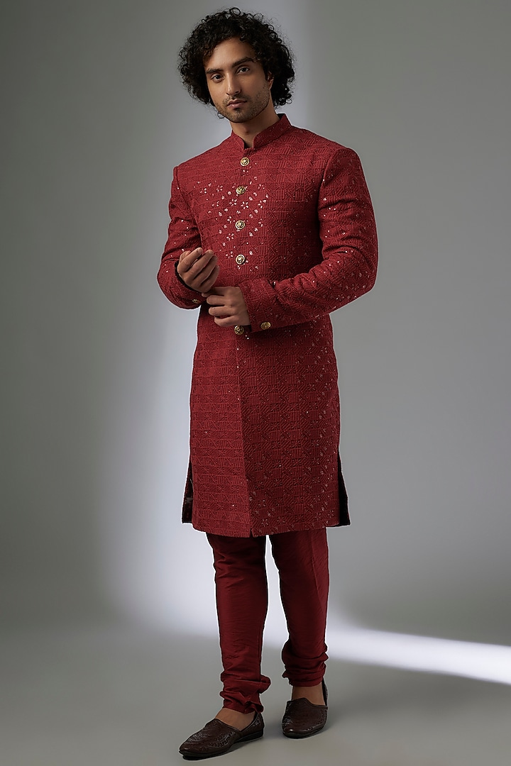 Red Silk Machine Embroidered Sherwani Set by Abees