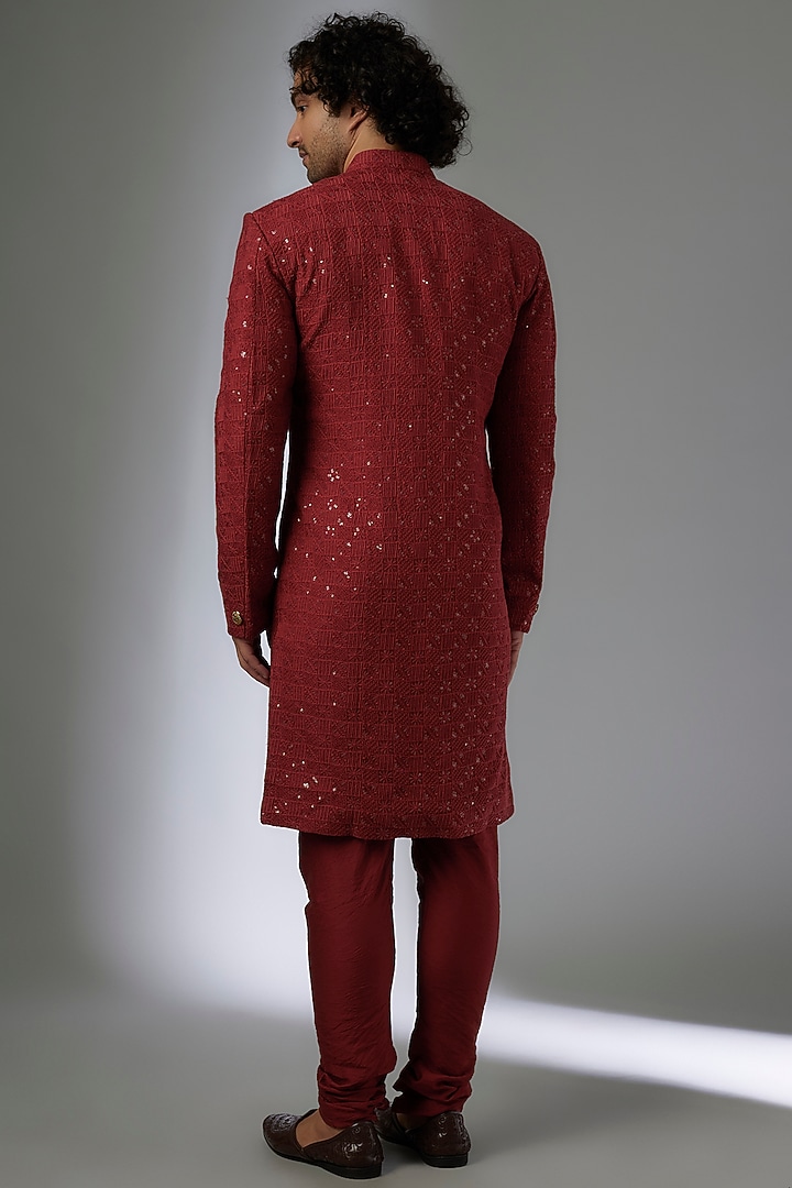 Red Silk Machine Embroidered Wedding Sherwani Set by Abees at Pernia's Pop Up Shop
