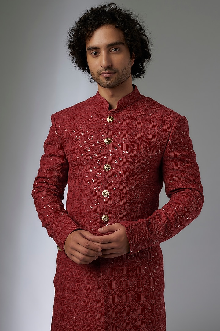 Red Silk Machine Embroidered Wedding Sherwani Set by Abees at Pernia's Pop Up Shop