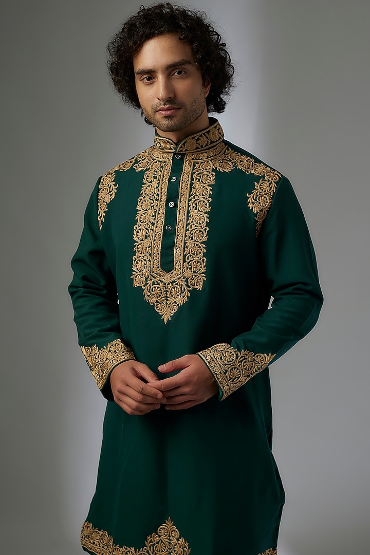 Bottle Green Japanese Rayon Hand Embroidered Kurta Set by Abees at Pernia's Pop Up Shop