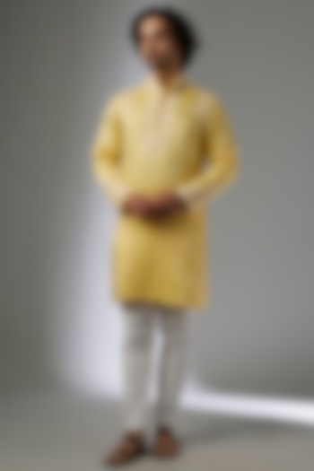 Yellow Linen Silk Hand Embroidered Kurta Set by Abees at Pernia's Pop Up Shop