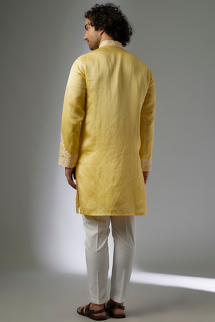 Yellow Linen Silk Hand Embroidered Kurta Set by Abees at Pernia's Pop Up Shop
