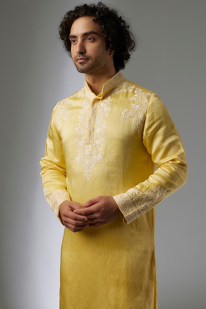 Yellow Linen Silk Hand Embroidered Kurta Set by Abees at Pernia's Pop Up Shop
