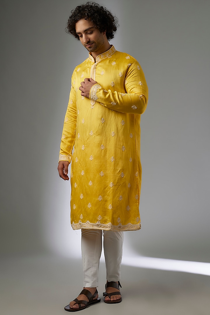 Yellow Linen Silk Boota Hand Embroidered Kurta Set by Abees