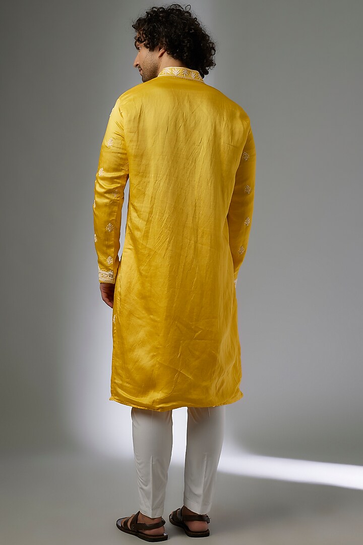 Yellow Linen Silk Boota Hand Embroidered Kurta Set by Abees at Pernia's Pop Up Shop