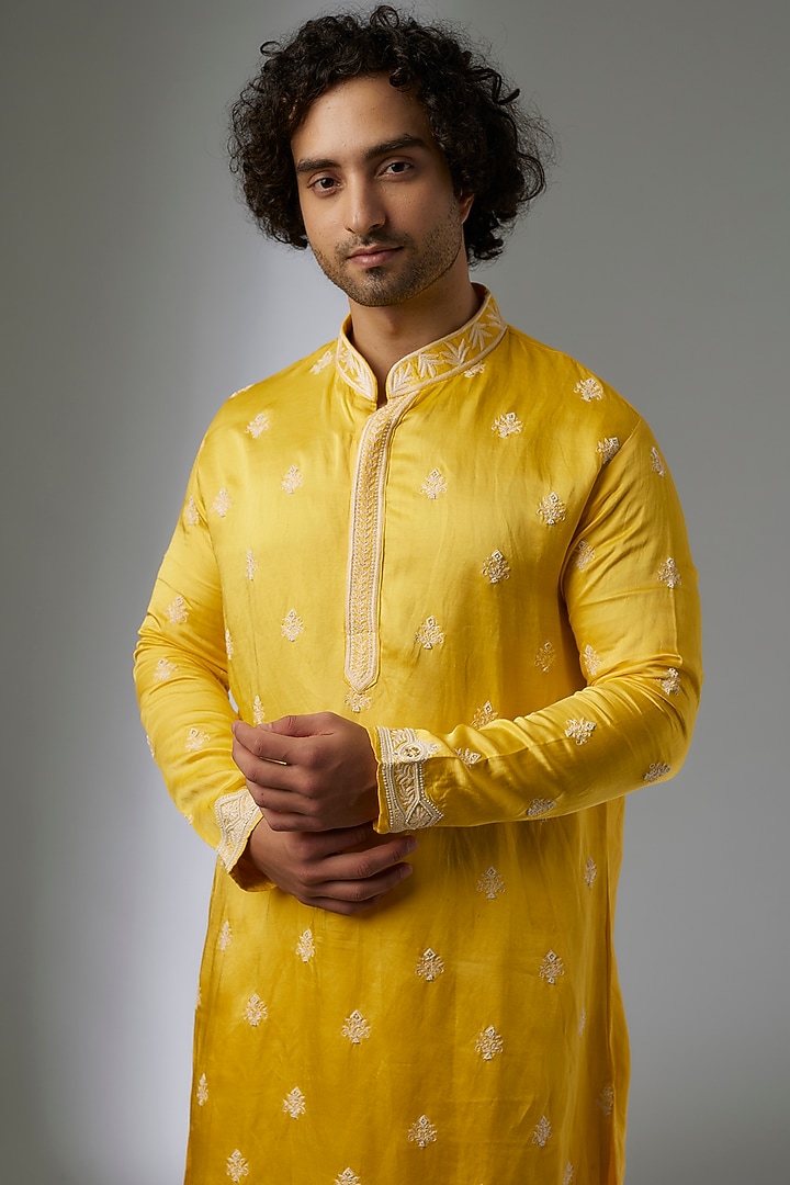 Yellow Linen Silk Boota Hand Embroidered Kurta Set by Abees at Pernia's Pop Up Shop