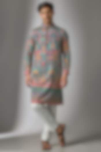 Multi-Colored Cotton Silk Printed & Embroidered Kurta Set by Abees