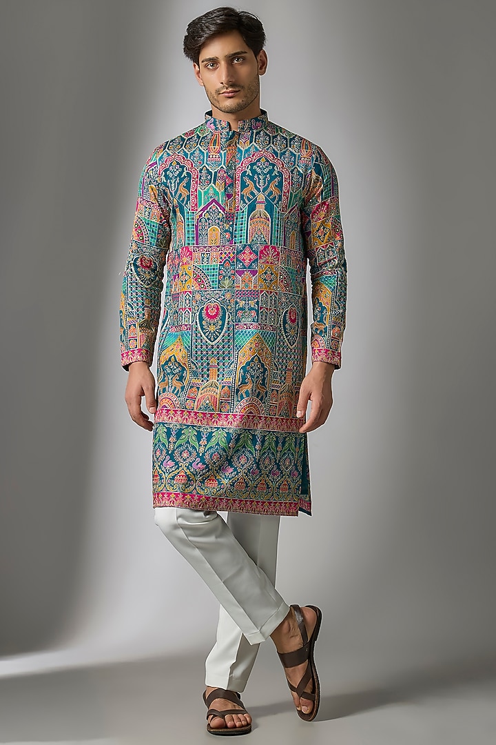 Multi-Colored Cotton Silk Printed & Embroidered Kurta Set by Abees