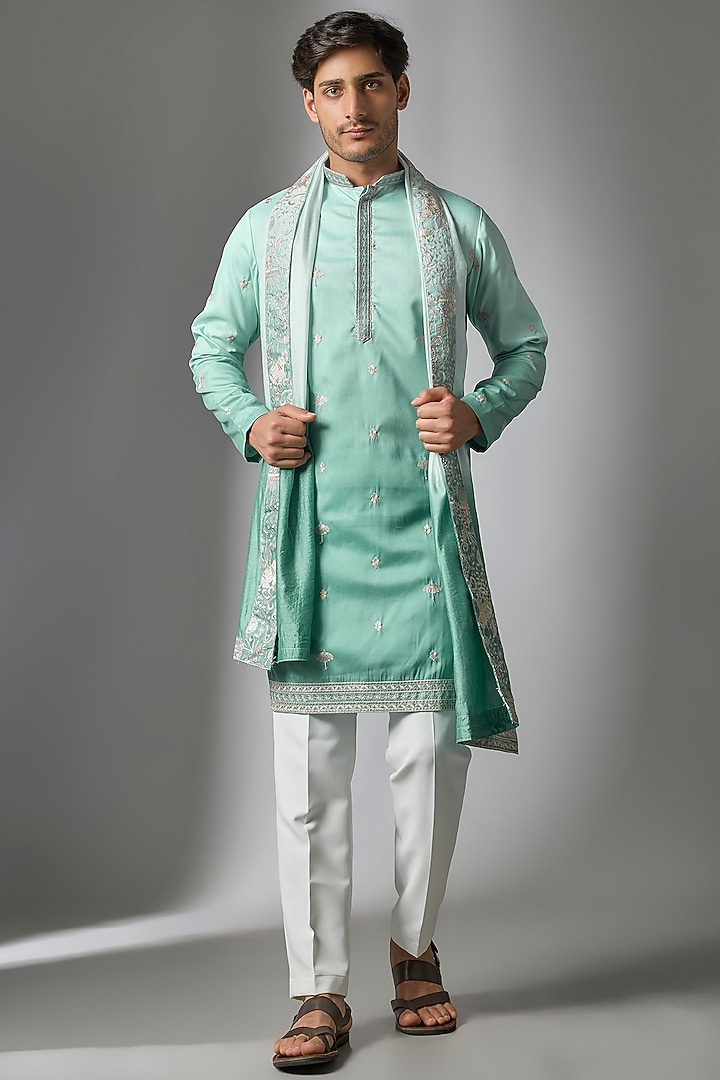 Blue Ombre Cotton Silk Resham Embroidered Kurta Set by Abees