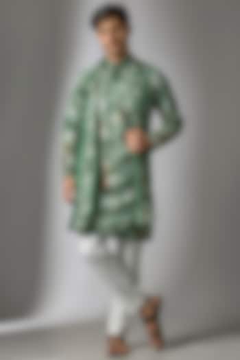 Green Tie-Dye Cotton Silk Machine Embroidered Kurta Set by Abees at Pernia's Pop Up Shop