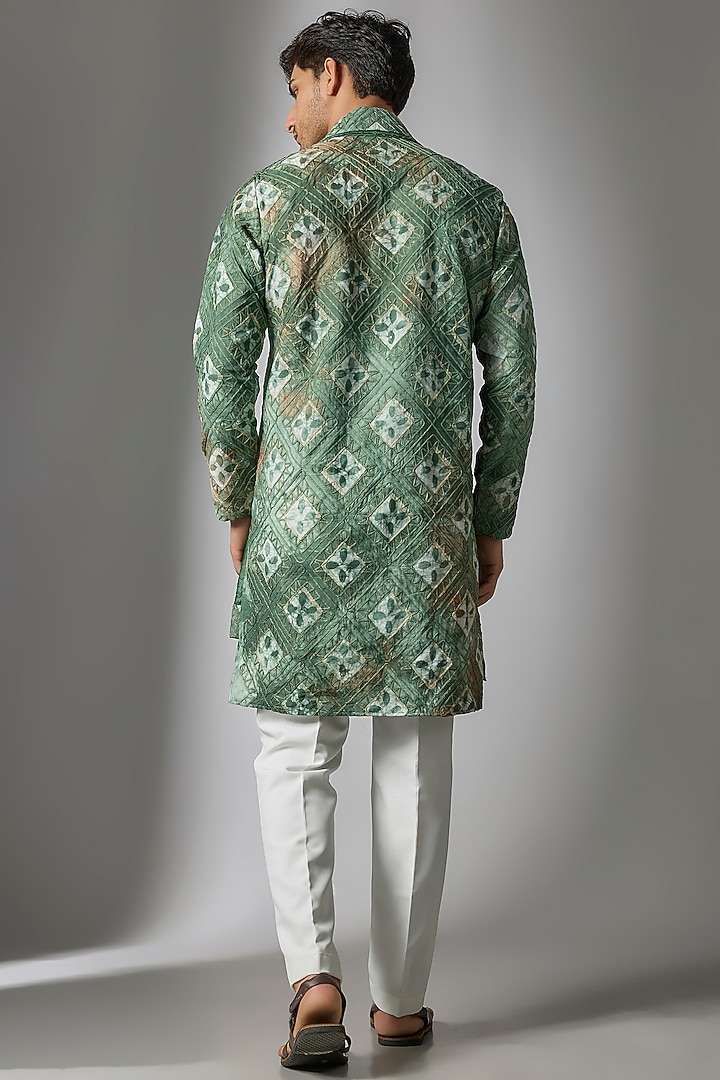 Green Tie-Dye Cotton Silk Machine Embroidered Kurta Set by Abees at Pernia's Pop Up Shop