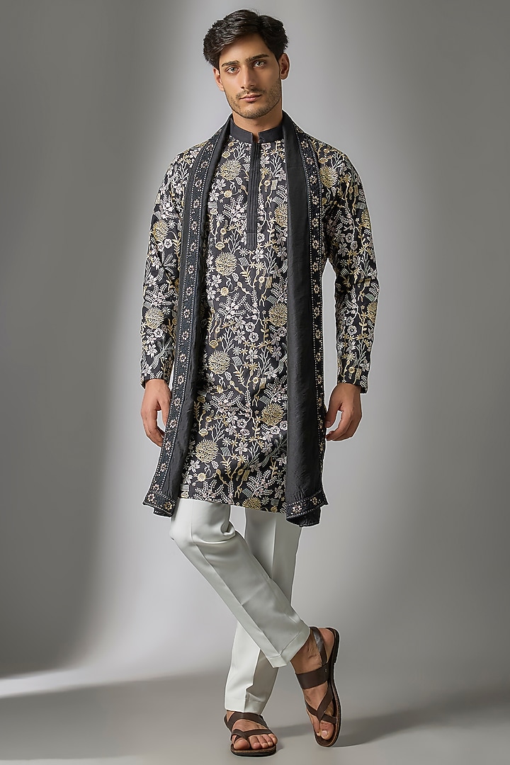 Black Cotton Silk Thread Embroidered Kurta Set by Abees at Pernia's Pop Up Shop