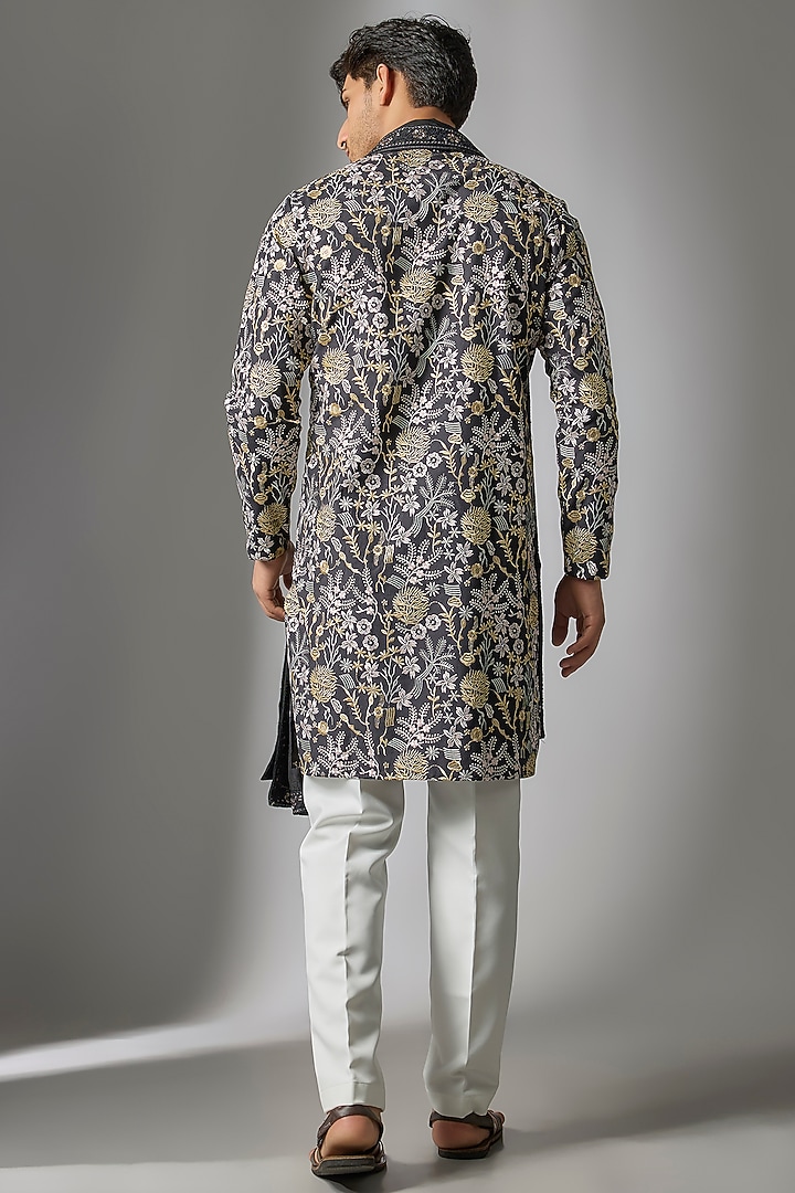 Black Cotton Silk Thread Embroidered Kurta Set by Abees at Pernia's Pop Up Shop