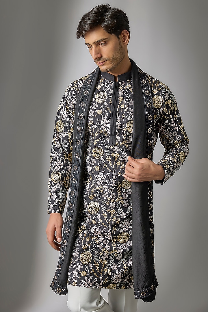 Black Cotton Silk Thread Embroidered Kurta Set by Abees at Pernia's Pop Up Shop