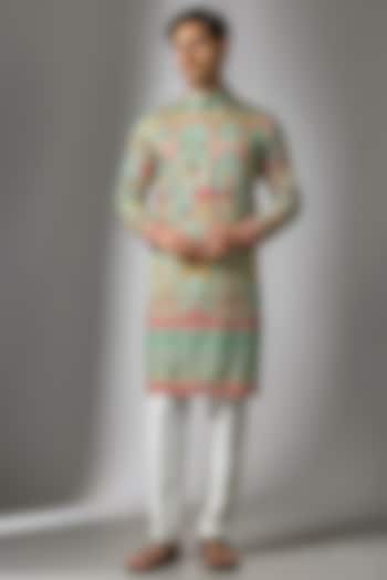 Green Cotton Silk Printed & Embroidered Kurta Set by Abees at Pernia's Pop Up Shop