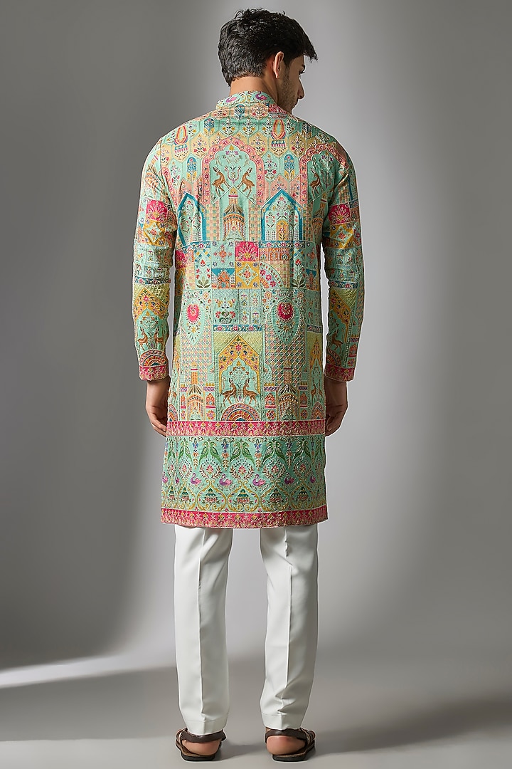 Green Cotton Silk Printed & Embroidered Kurta Set by Abees at Pernia's Pop Up Shop