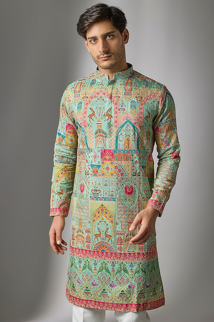 Green Cotton Silk Printed & Embroidered Kurta Set by Abees at Pernia's Pop Up Shop