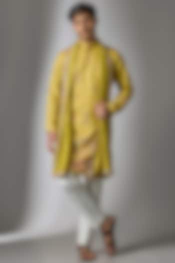 Yellow Cotton Silk Printed & Zari Embroidered Kurta Set by Abees
