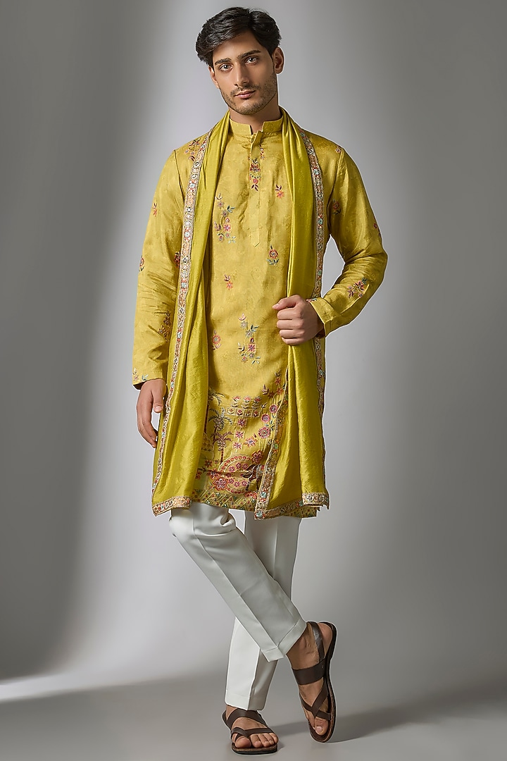 Yellow Cotton Silk Printed & Zari Embroidered Kurta Set by Abees