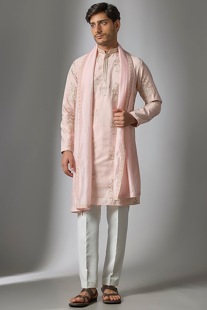 Light Pink Cotton Silk Zari Embroidered Kurta Set by Abees