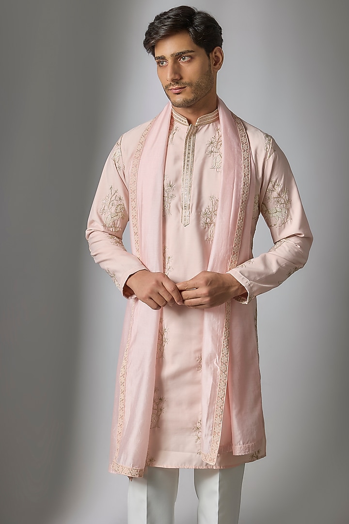 Light Pink Cotton Silk Zari Embroidered Kurta Set by Abees at Pernia's Pop Up Shop