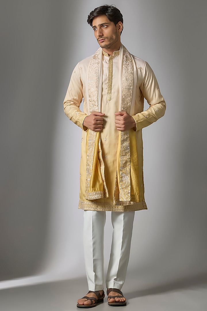 Yellow Ombre Cotton Silk Zari Embroidered Kurta Set by Abees