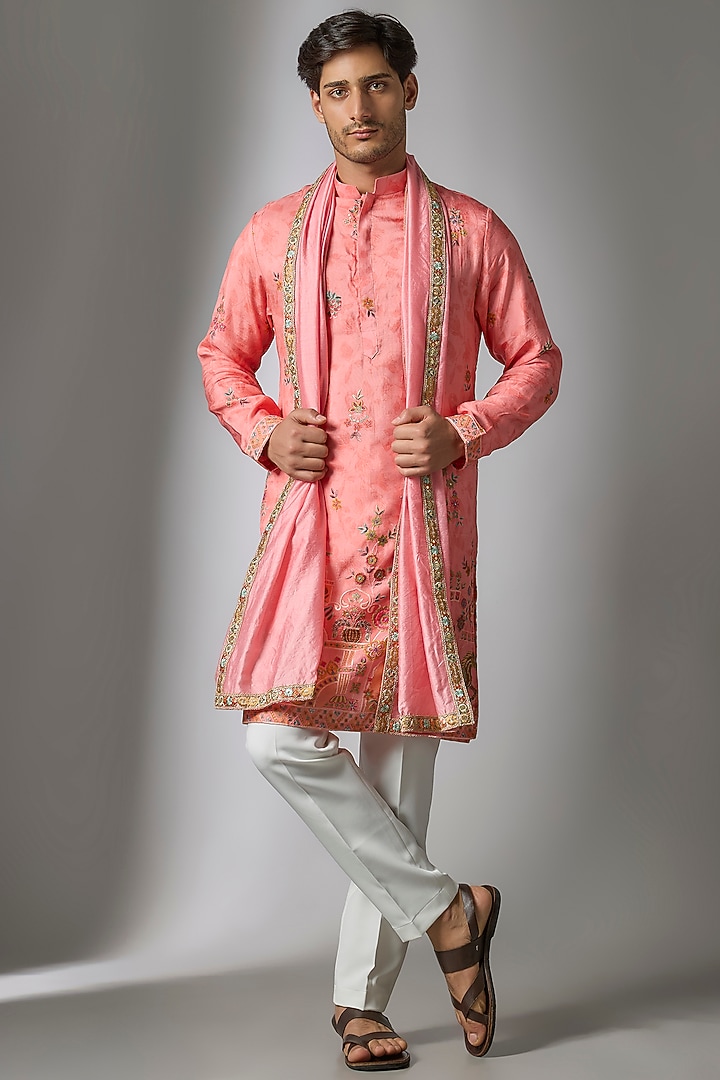Peach Cotton Silk Printed & Zari Embroidered Kurta Set by Abees