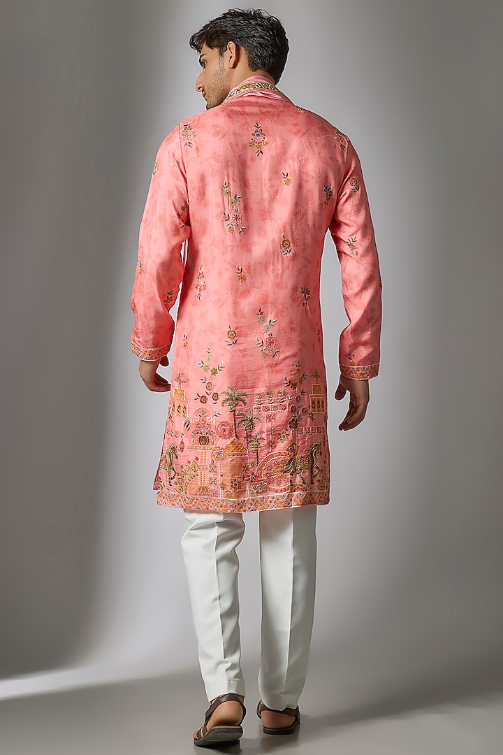 Peach Cotton Silk Printed & Zari Embroidered Kurta Set by Abees at Pernia's Pop Up Shop