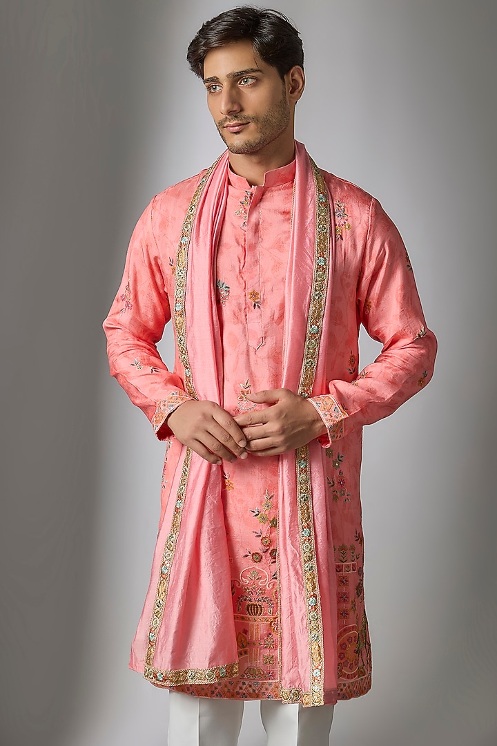 Peach Cotton Silk Printed & Zari Embroidered Kurta Set by Abees at Pernia's Pop Up Shop