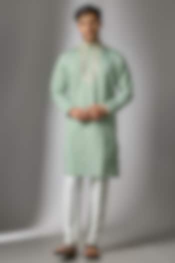 Green Cotton Silk Printed & Zari Embroidered Kurta Set by Abees
