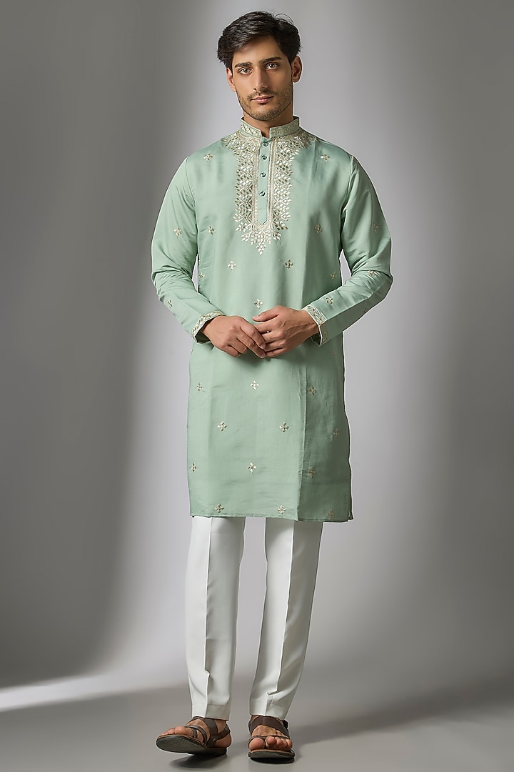 Green Cotton Silk Printed & Zari Embroidered Kurta Set by Abees