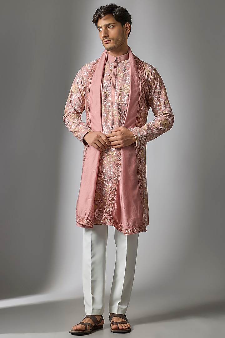 Rust Orange Cotton Silk Thread Embroidered Kurta Set by Abees