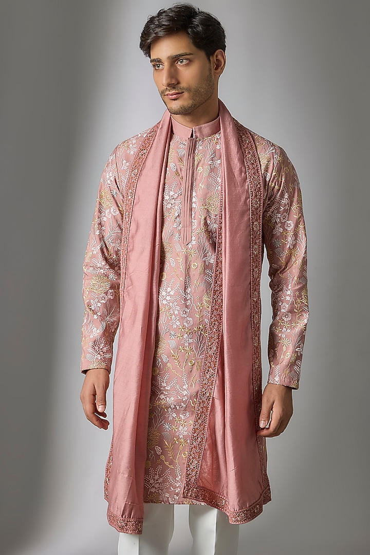Peach Orange Cotton Silk Thread Embroidered Kurta Set by Abees at Pernia's Pop Up Shop