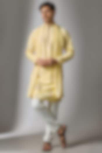 Yellow Cotton Silk Thread Embroidered Kurta Set by Abees