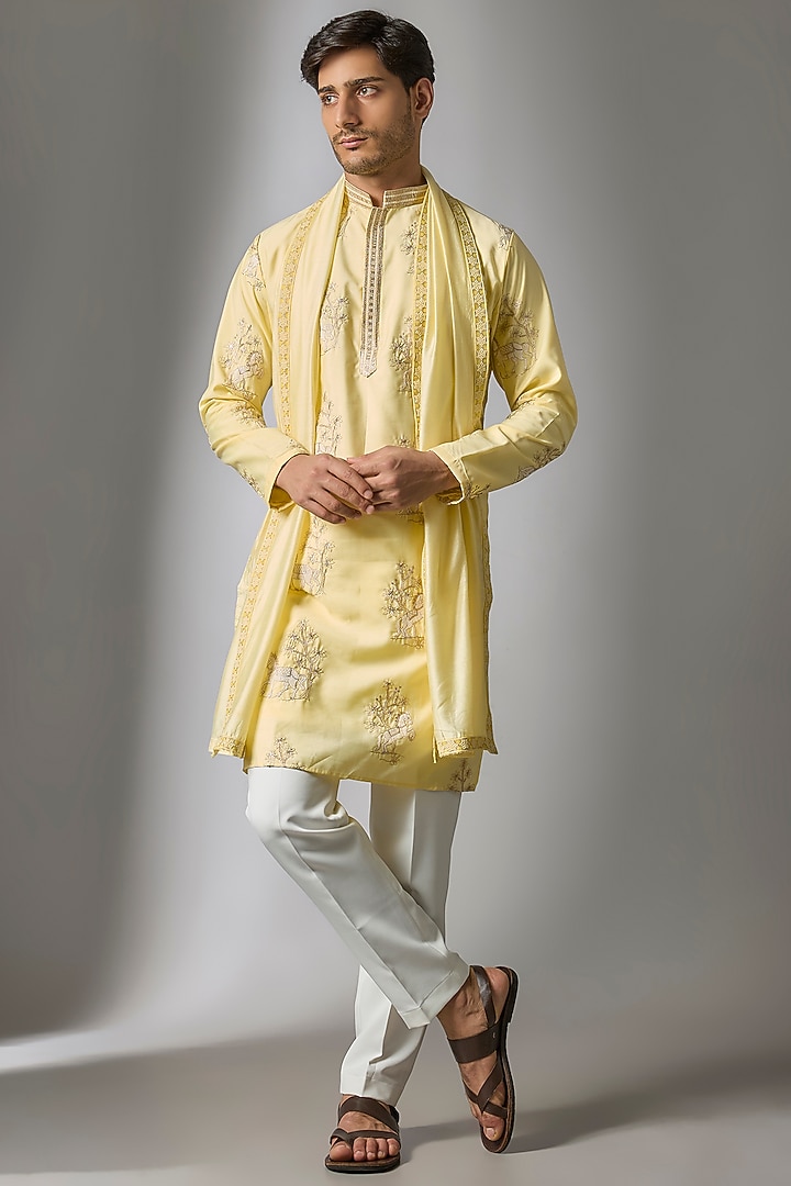 Yellow Cotton Silk Thread Embroidered Kurta Set by Abees