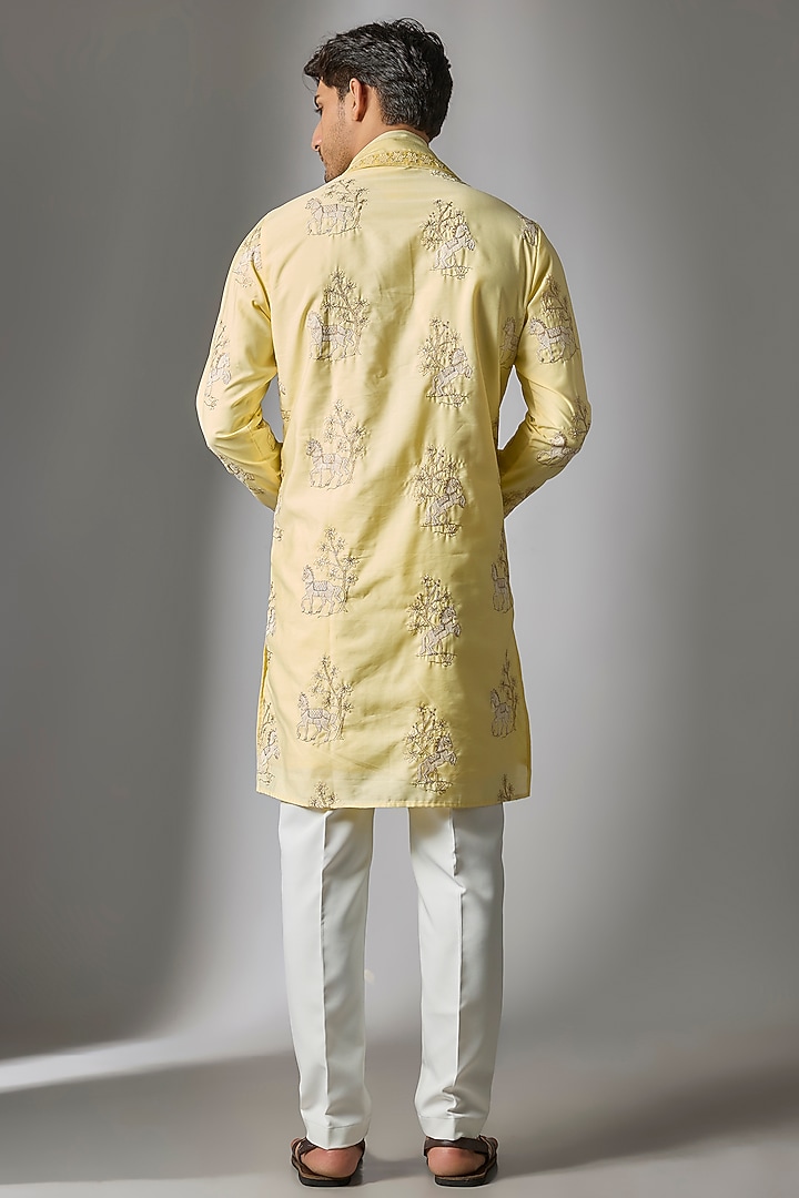Yellow Cotton Silk Thread Embroidered Kurta Set by Abees at Pernia's Pop Up Shop