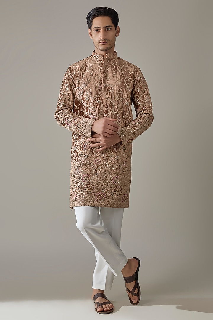 Rust Velvet Sequins Embroidered Kurta Set by Abees at Pernia's Pop Up Shop