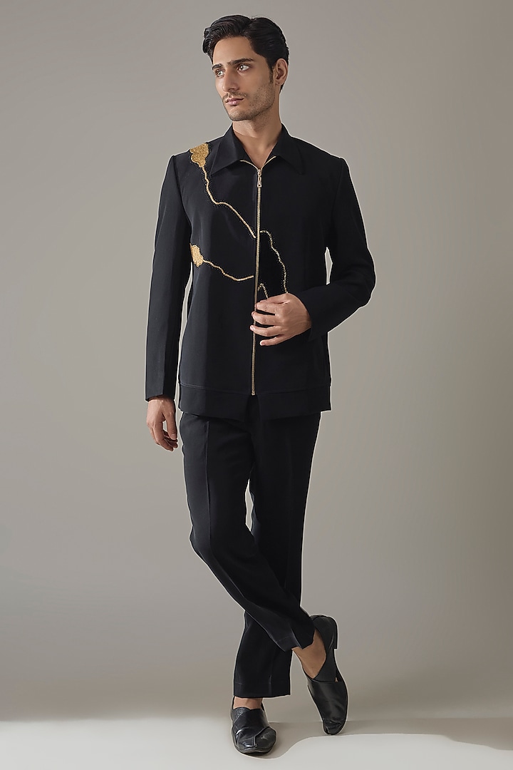Black Japanese Rayon Hand Embroidered Bomber Jacket by Abees at Pernia's Pop Up Shop